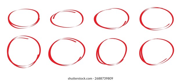 Conjunto de círculos vermelhos ovais desenhados em diferentes formas. Ilustrações de rascunho artesanais. Realçar ícones de vetor
