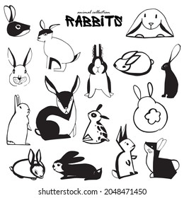 Set of drawn rabbits. Hares silhouettes. Drawing of village animals. Small pets. Animals of the forest. Ink drawing