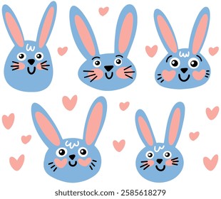 Set of drawn rabbits. Heads of cute bunnies for design of children's products with funny forest animals. Drawn color icons collection of hares. Cartoon clip art in themes: forest, animals, wild nature