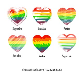 Set of drawn rainbow hearts. LGBT collection of symbols. Vector illustration.