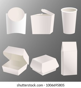 Set of drawn realistic take away food box mock up design. Blank white cardboard carry package, product container, empty food box, paper glass. Takeaway food box template. vector illustration