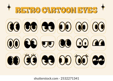 Set of drawn retro cartoon eyes, cool comic characters. Emotions like happy, sad, angry, surprised. Trendy modern vector illustration, flat design.Set of cute vintage facial express