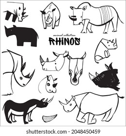 Set of drawn rhinos. Silhouettes of rhinos. Drawing of wild animals. Zoo animals. Ink drawing

