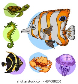 Set drawn sea inhabitants. Butterfly fish. Vector illustration