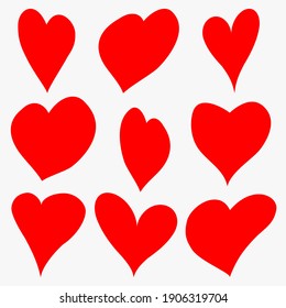Ensemble de silhouettes dessinées en forme de coeur. Symbole de l'amour. Formes De Coeur Rouge. Style plat. Les réseaux sociaux, les boutons du web, genre. Conception Web. Illustrations vectorielles. 