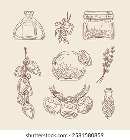 A set of drawn sketches of doctor's bottles.