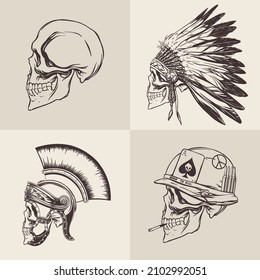 Reihe gezeichneter Schädel eines Gladiators, ein Soldat des Vietnamkriegs, ein Stammesführer auf beigem Hintergrund zum Drucken. Vektorgrafik.