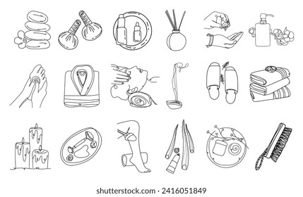 Set of drawn spa supplies with cosmetics on white background