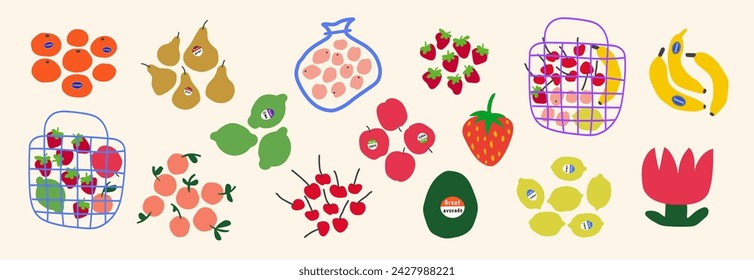 Set of drawn stickers with fruits. Drawing style. Various colorful fruits for drawing, textile. Interior painting. flat design. Hand drawn vector fashion illustration.