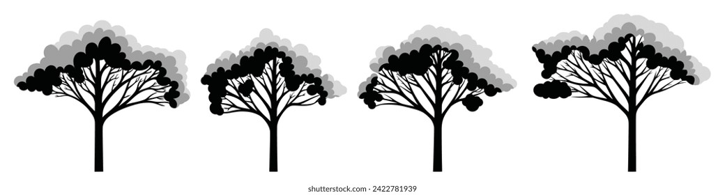 Set of drawn stylized trees, isolated on white background, blank for vector design