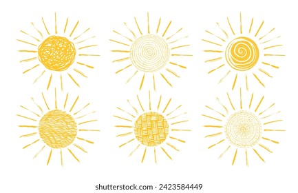 Juego de soles dibujados. dibujo a mano. No IA. Ilustración del vector