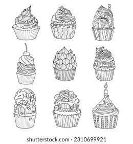 Set of drawn tasty cupcakes on white background