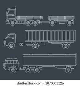 Set of drawn trucks with a trailer side view. Linear drawing with detailed details. Vector illustration