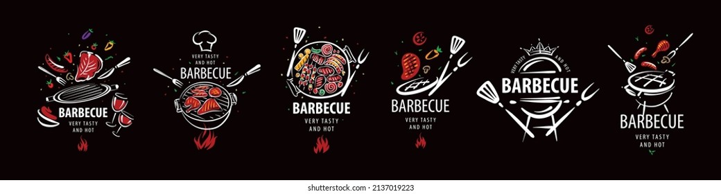 A set of drawn vector barbecue illustrations isolated on a black background