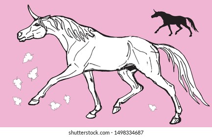 the set of drawn vector isolated black and white unicorns on a pink background 