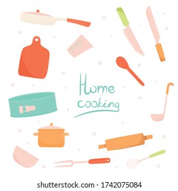 A set of drawn vector objects for the kitchen. Lettering - home cooking. Knives, frying pan, spoon, fork, spatula, whisk, ladle, rolling pin, baking dish, measuring Cup, bowl, pan, cutting dock.