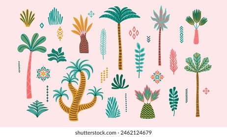 Set of drawn vector palm trees. Ethnic abstract isolated illustrations. Vector design elements