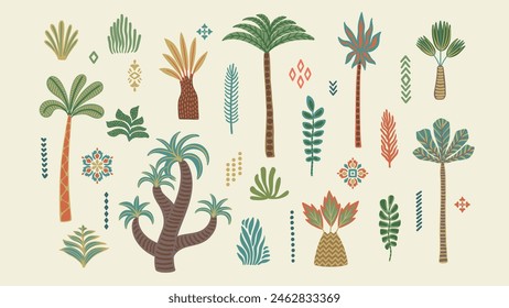 Set of drawn vector palm trees. Ethnic abstract isolated illustrations. Vector design elements