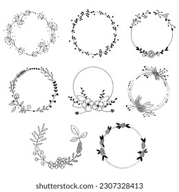 Set of drawn victory laurel wedding flower wreaths for stationery. single line drawing.