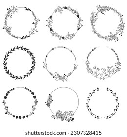 Set of drawn victory laurel wedding flower wreaths for stationery. single line drawing.