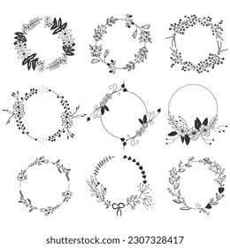 Set of drawn victory laurel wedding flower wreaths for stationery. single line drawing.