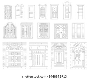 A set of drawn vintage and modern doors of houses and buildings with a black outline, stroke and contour. Set of different retro and modern doors. Isolated vector illustration on white background.