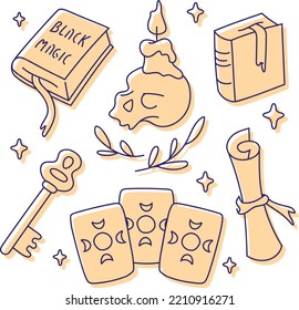 Set of Drawn Witchcraft Elements. Occult collection. Hand Drawn Line Art Black Magic Illustration