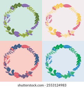 Set of drawn wreaths. Green, pink, beige and blue plants. Bloom and blossom flowers. Spring and summer season. Natural decorations. Borders and frames. Flat vector collection