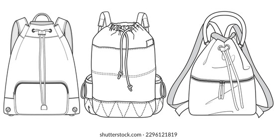 Set of drawstring Backpack bag flat sketch fashion illustration drawing template mock up, Backpack cad drawing. Bucket bag backpack flat sketch vector