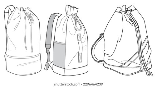 Set of drawstring Backpack bag flat sketch fashion illustration drawing template mock up, Backpack cad drawing. Bucket bag backpack flat sketch vector