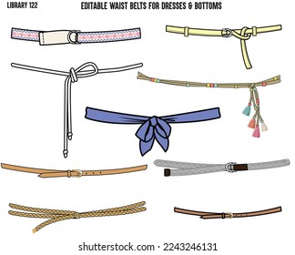 SET OF DRAWSTRING TIE UPS AND BELTS USED FOR WAIT BAND DESIGNED FOR GARMENTS DRESSES TOPS AND APPARELS IN EDITABLE VECTOR