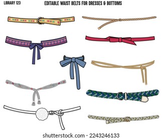 SET OF DRAWSTRING TIE UPS AND BELTS USED FOR WAIT BAND DESIGNED FOR GARMENTS DRESSES TOPS AND APPARELS IN EDITABLE VECTOR