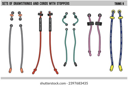 SET OF DRAWSTRINGS AND CORDS WITH STOPPERS FOR WAIST BAND, BAGS, SHOES, JACKETS, SHORTS, PANTS, DRESS GARMENTS, DRAWCORD AGLETS FOR CLOTHING AND ACCESSORIES VECTOR ILLUSTRATION