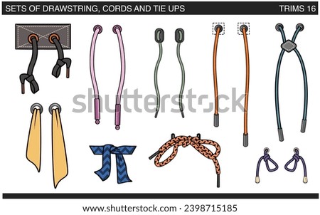 SET OF DRAWSTRINGS, CORDS AND TIE UPS FOR WAIST BAND, BAGS, SHOES, JACKETS, SHORTS, PANTS, DRESS GARMENTS, DRAWCORD AGLETS FOR CLOTHING AND ACCESSORIES VECTOR ILLUSTRATION