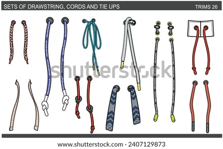 SET OF DRAWSTRINGS, CORDS AND TIE UPS FOR WAIST BAND, BAGS, SHOES, JACKETS, SHORTS, PANTS, DRESS GARMENTS, DRAWCORD AGLETS FOR CLOTHING AND ACCESSORIES VECTOR ILLUSTRATION