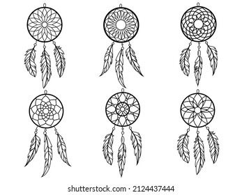 Set of a dream catcher. Collection of indian totem with feathers frame. Hippie decoration. Amulet for protection dream. Vector illustration on white background.