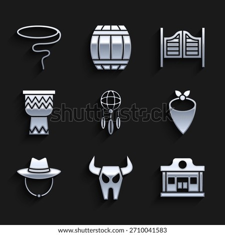 Set Dream catcher with feathers, Buffalo skull, Wild west saloon, Cowboy bandana, Western cowboy hat, Drum, Saloon door and Lasso icon. Vector