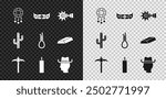 Set Dream catcher with feathers, Kayak or canoe and paddle, Spur, Pickaxe, Dynamite bomb, Cowboy, Cactus and Gallows rope loop hanging icon. Vector