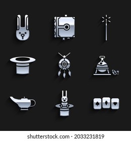 Set Dream catcher with feathers, Magician hat and rabbit, Playing cards, Witch cauldron magic stone, lamp or Aladdin, wand and Rabbit ears icon. Vector