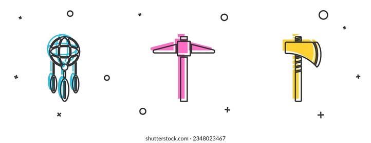 Set Dream catcher with feathers, Pickaxe and Tomahawk icon. Vector