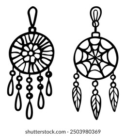 Set of dream catchers hand drawn doodle. Ammulets to protect sleep. Bedroom interior decor. Good night. Vector outline line art illustration.