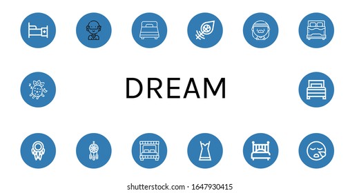 Set of dream icons. Such as Bed, Hippie, Dreamcatcher, Nightgown, Sleeping , dream icons