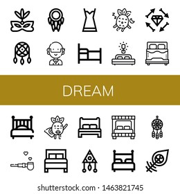 Set of dream icons such as Eye mask, Dreamcatcher, Hippie, Nightgown, Bed, Sleeping, Boho, Pipe of peace, Superhero , dream