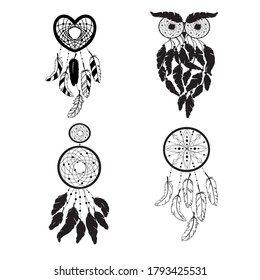 Set of Dreamcatcher silhouettes, ethnic vector illustration isolated on a white background. Suitable for printing on a t-shirt
