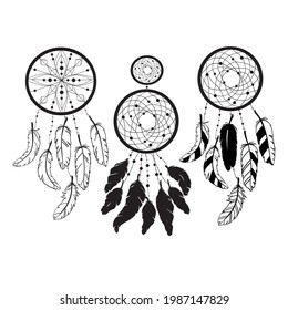 Set of Dreamcatcher silhouettes, ethnic vector illustration isolated on a white background. Suitable for printing on a t-shirt