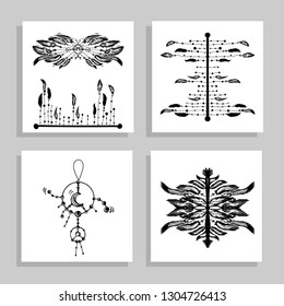 Set of Dreamcatchers. Design elements in Boho style. Line art. Native style. Tattoo design. Pattern for coloring book. Print for T-shirt. - Vector