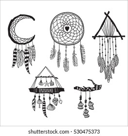 Set of Dreamcatchers. Design elements in Boho style. Lineart. Native style. Tattoo design. Pattern for coloring book. Print for T-shirt.