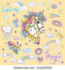 Set of dreaming cartoon unicorn, lettering and magic elements. Vector isolated illustration. For sticker pack, print, posters, design, decor, linen, dishes, t-shirt and kids apparel