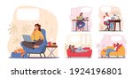 Set of Dreaming Characters, Thoughtful People Smiling, Young Men Women Working in Office, Study and Relax at Home with Dreamy Thought Bubble Isolated on White Background. Cartoon Vector Illustration