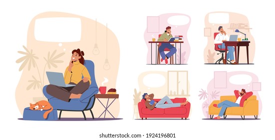 Set Of Dreaming Characters, Thoughtful People Smiling, Young Men Women Working In Office, Study And Relax At Home With Dreamy Thought Bubble Isolated On White Background. Cartoon Vector Illustration